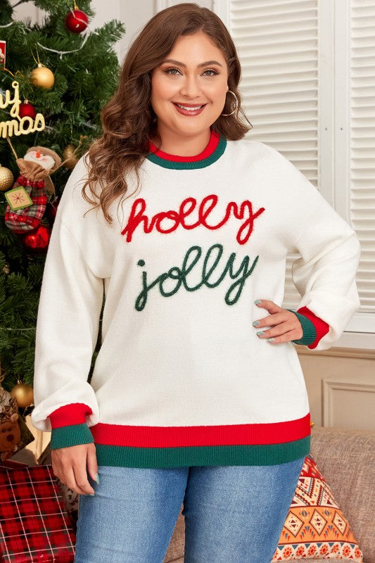 Plus Size Christmas Holly Jolly Colorblock Edge Sw