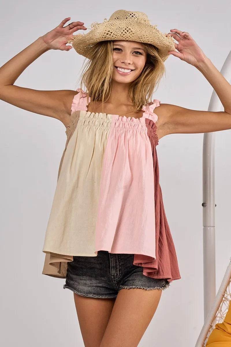 BiBi Frill Shoulder Strap Color Block Bodice Top