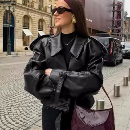 Loose Lapel Leather Jacket Fashion Cropped Tops Streetwear