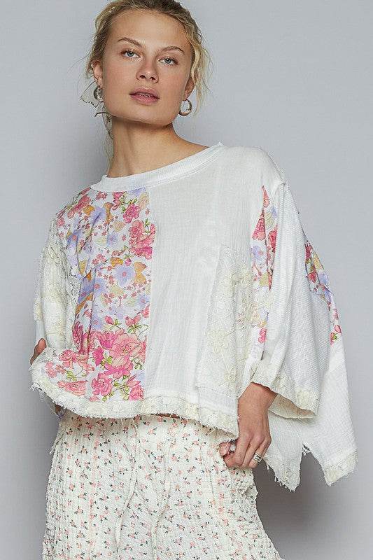 POL Floral Lace Patch Round Neck Double Gauze Top