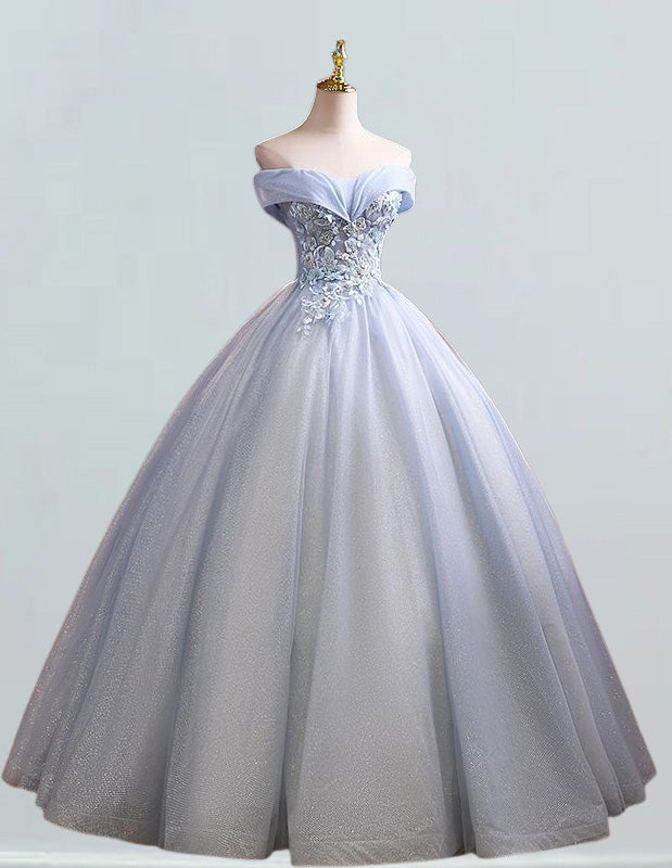 Elegant Blue Lace Applique Off-Shoulder Prom Dress | Sparkle Tulle Evening Gown