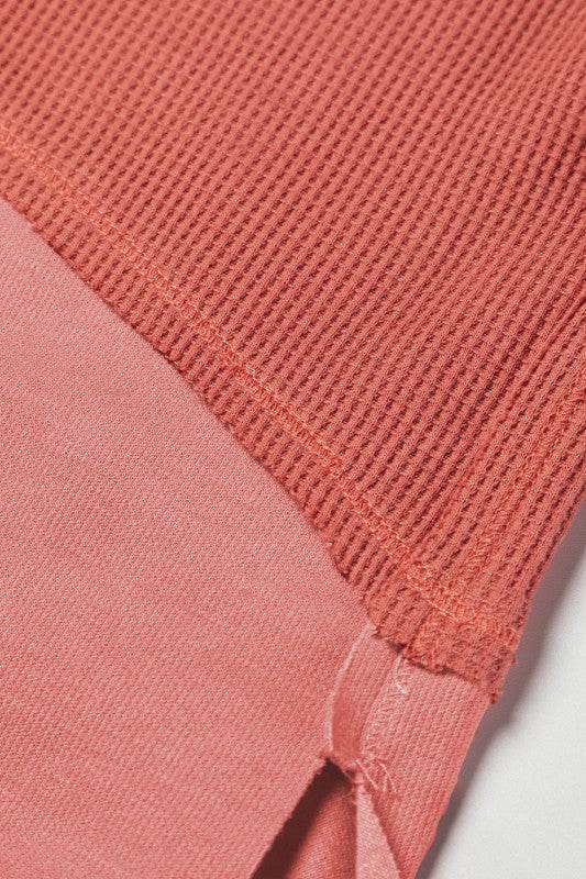 Giselle Exposed Seam Slit Neck Waffle Knit Patchwo