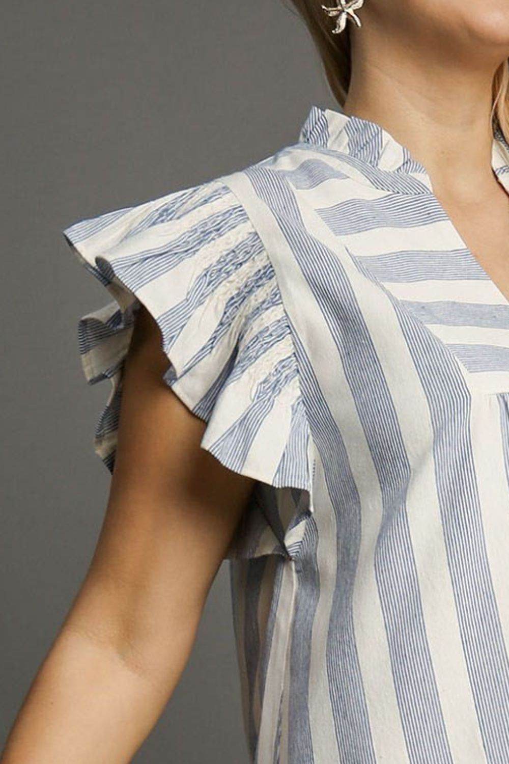 Umgee Full Size Striped Notched Ruffled Cap Sleeve Mini Dress Plus Size