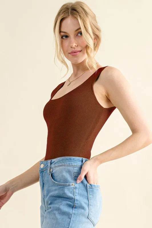 And The Why Ribbed Square Neck Bodysuit