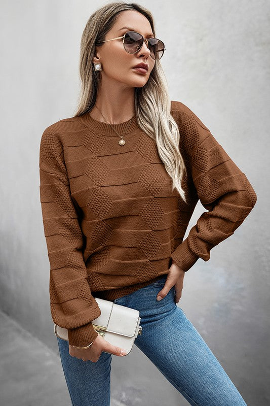 Solid Round Neck Knit Loose Long Sleeves Sweater