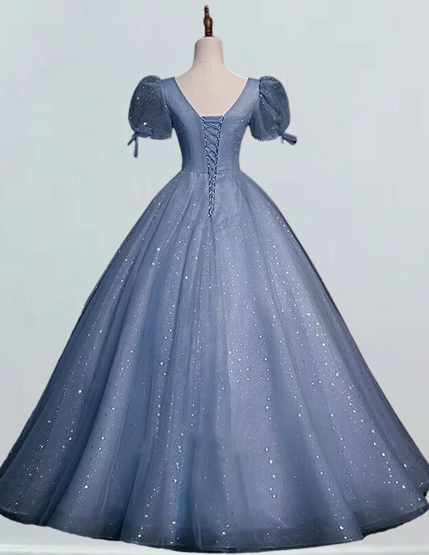 Gray blue scoop short sleeve long tulle ball gown bridal dress