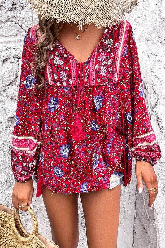 All Over Floral Print Cross Deep V Boho Top