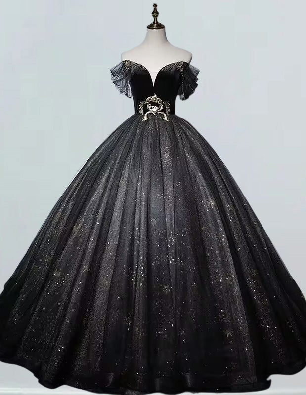 Black off the shoulder prom dress ball gown sparkle tulle floor length evening dress gown princess party dress