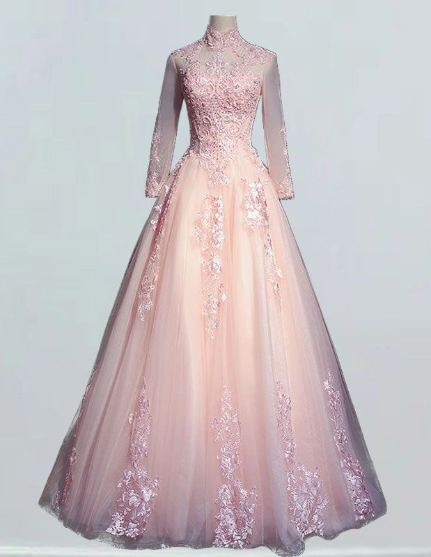 Pink collar long sleeve tulle party dress ball gown lace applique prom dress