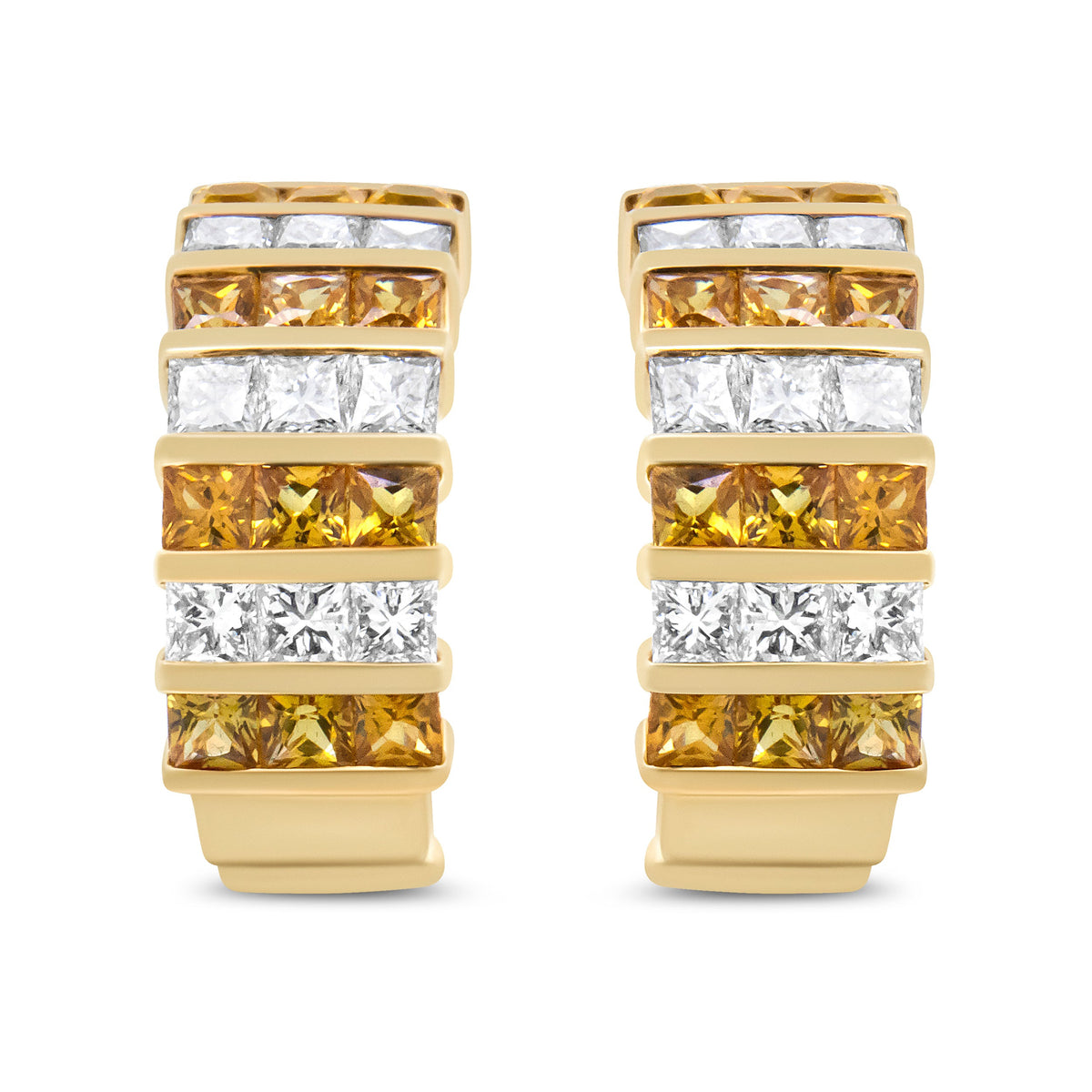 18K Yellow Gold 1 3/4 Cttw Invisible Set Princess Cut Diamond and 2.5mm Yellow Sapphire Huggie Hoop Earrings (F-G Color, VS1-VS2 Clarity)