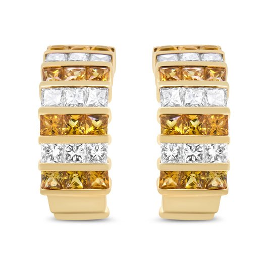 18K Yellow Gold 1 3/4 Cttw Invisible Set Princess Cut Diamond and 2.5mm Yellow Sapphire Huggie Hoop Earrings (F-G Color, VS1-VS2 Clarity)