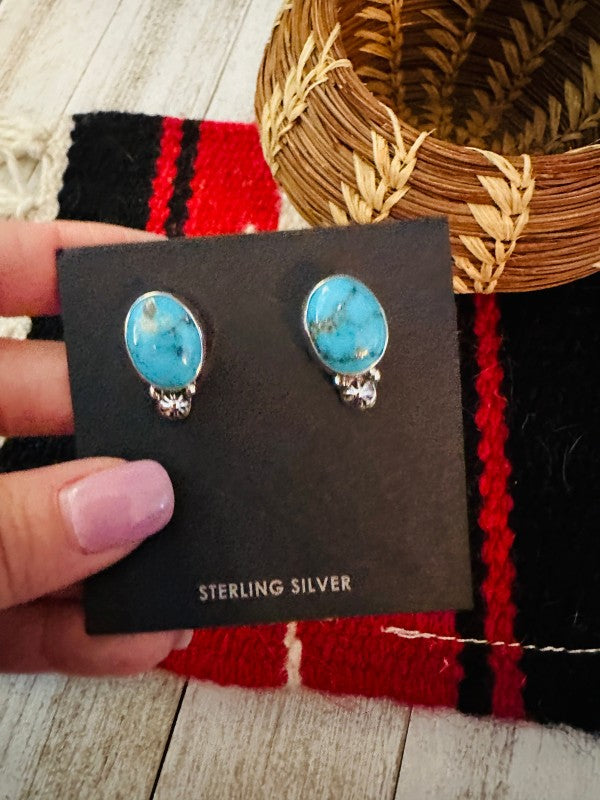 Navajo Sterling Silver & Morenci Turquoise Post Ea