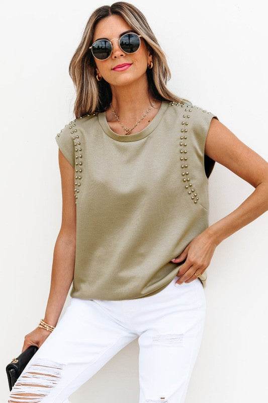 Julietta Studded Cap Sleeve Round Neck Top