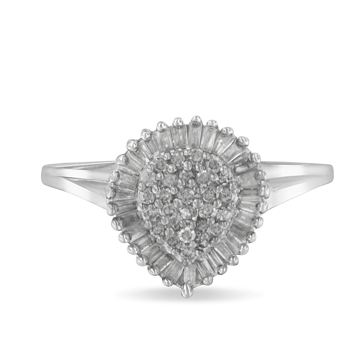 10K White Gold 1/2 Cttw Round & Baguette Cut Diamond Pear Shaped Domed PavÃ© Cluster with Halo Cocktail Ring (H-I Color, SI1-SI2 Clarity) - Size 5