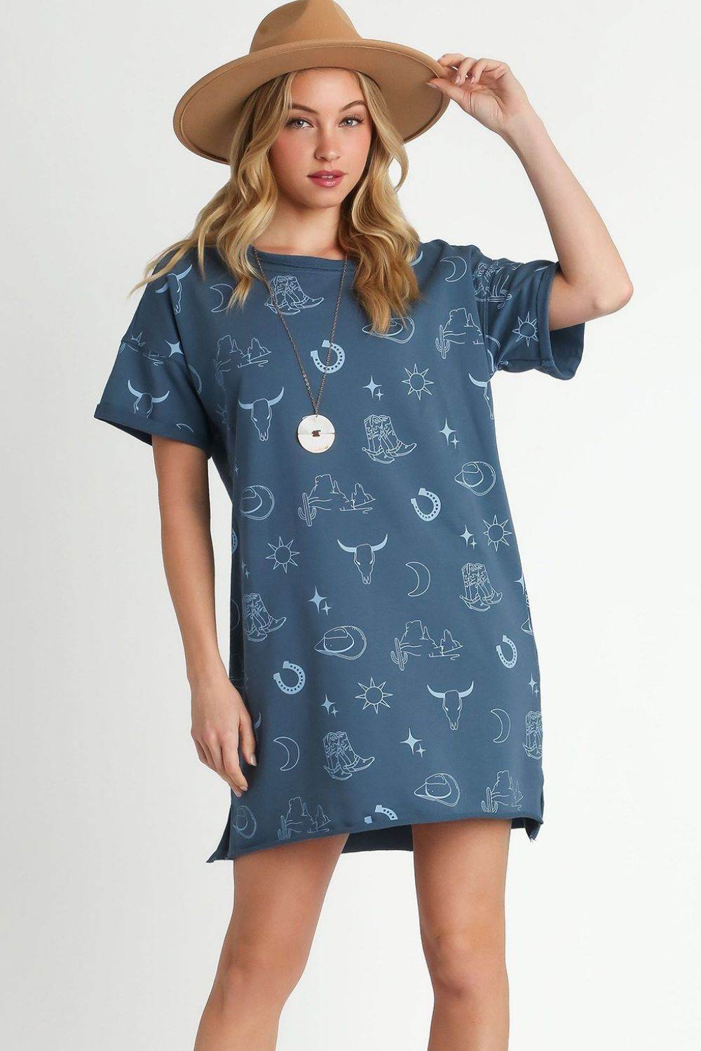 Umgee Full Size French Terry Short Sleeve Round Neck Dress Plus Size