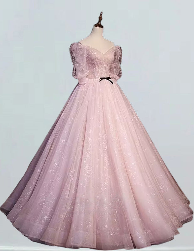 Pink v neck short sleeve long tulle ball gown prom dress evening party dress