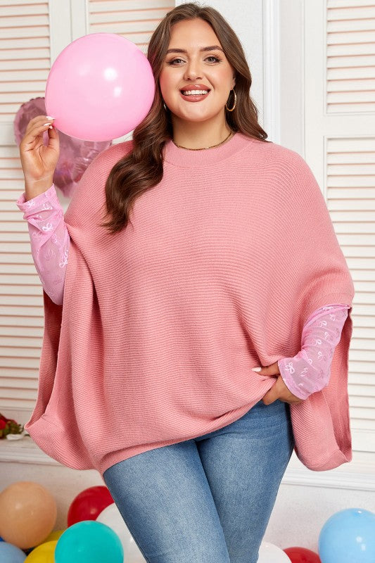 Plus Size Ribbed Knit Crewneck Poncho Sweater