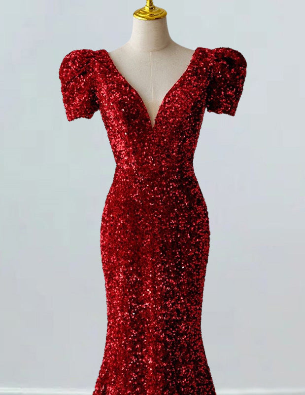 Elegant Burgundy Velvet Sequin Prom Dress | V-Neck Evening Gown with Train