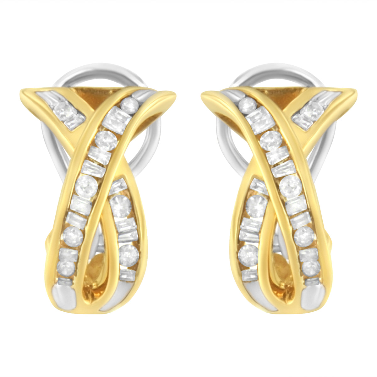 14K Yellow and White Gold 1/2 TDW "X" Shape Cross Over Diamond Hoop Earrings (I-J, I2-I3)