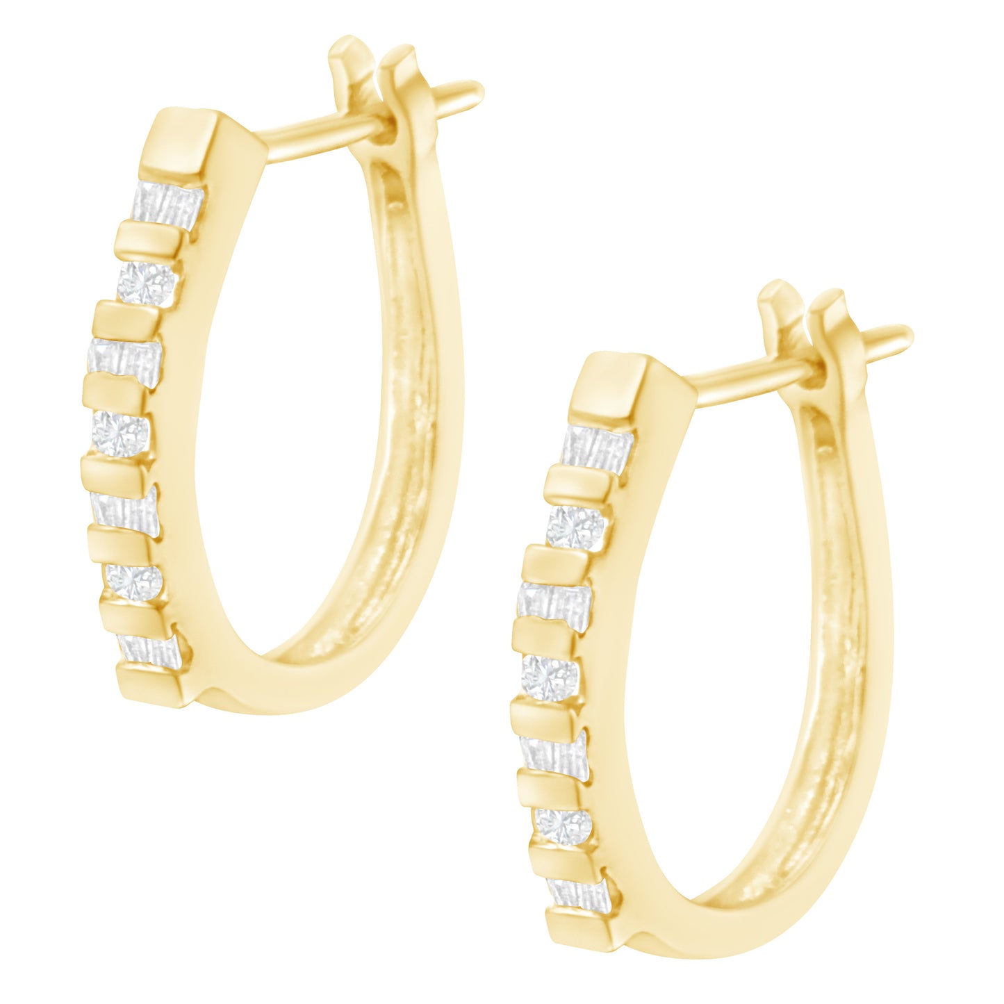 10K Yellow Gold Round and Baguette Cut Diamond Oblong Hinged Leverback Hoop Earrings (Â¼ Cttw, I-J Color, I2-I3 Clarity)