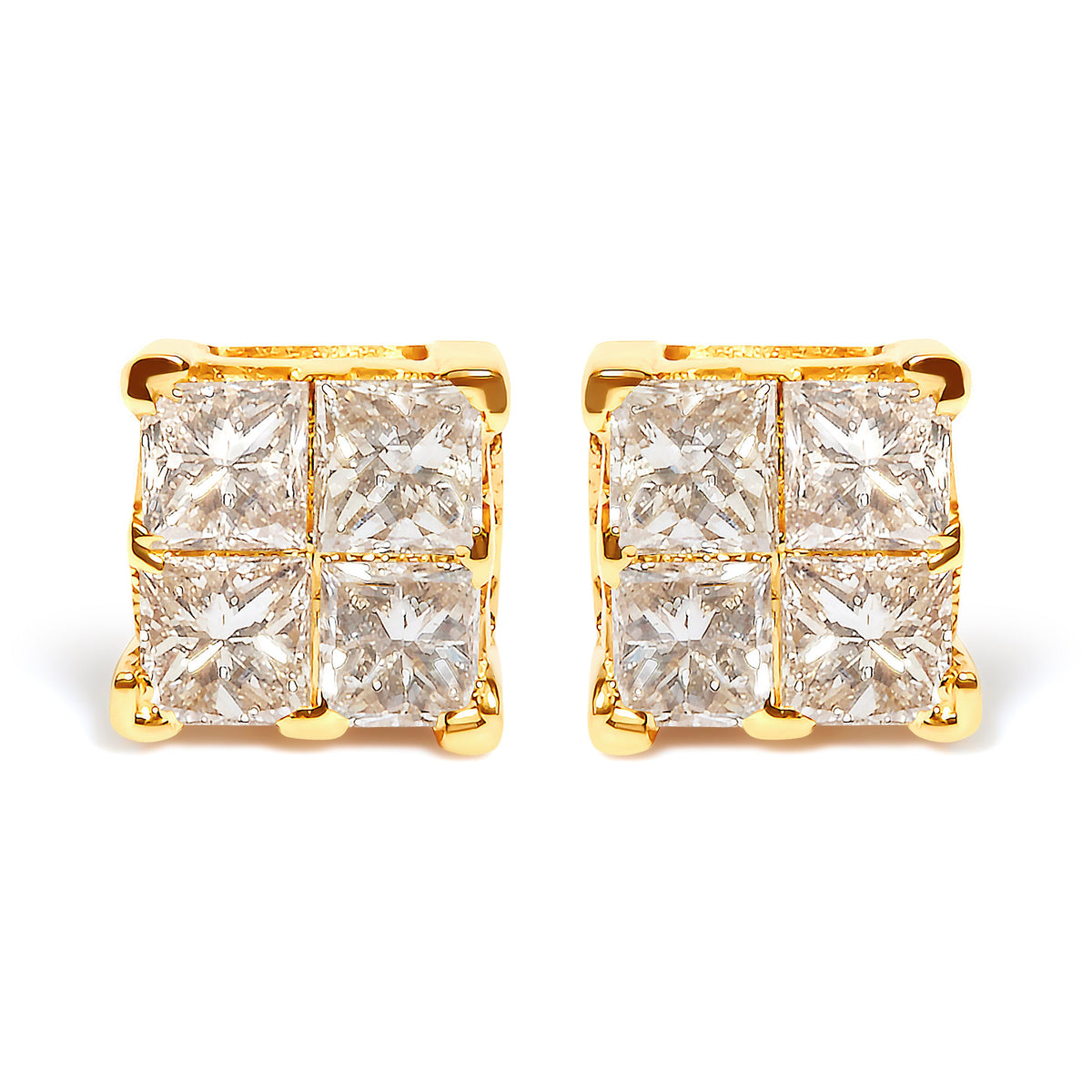10K Yellow Gold 3/4 Cttw Invisible Set Princess-Cut Diamond Composite Square Stud Earrings (I-J Color, I2-I3 Clarity)