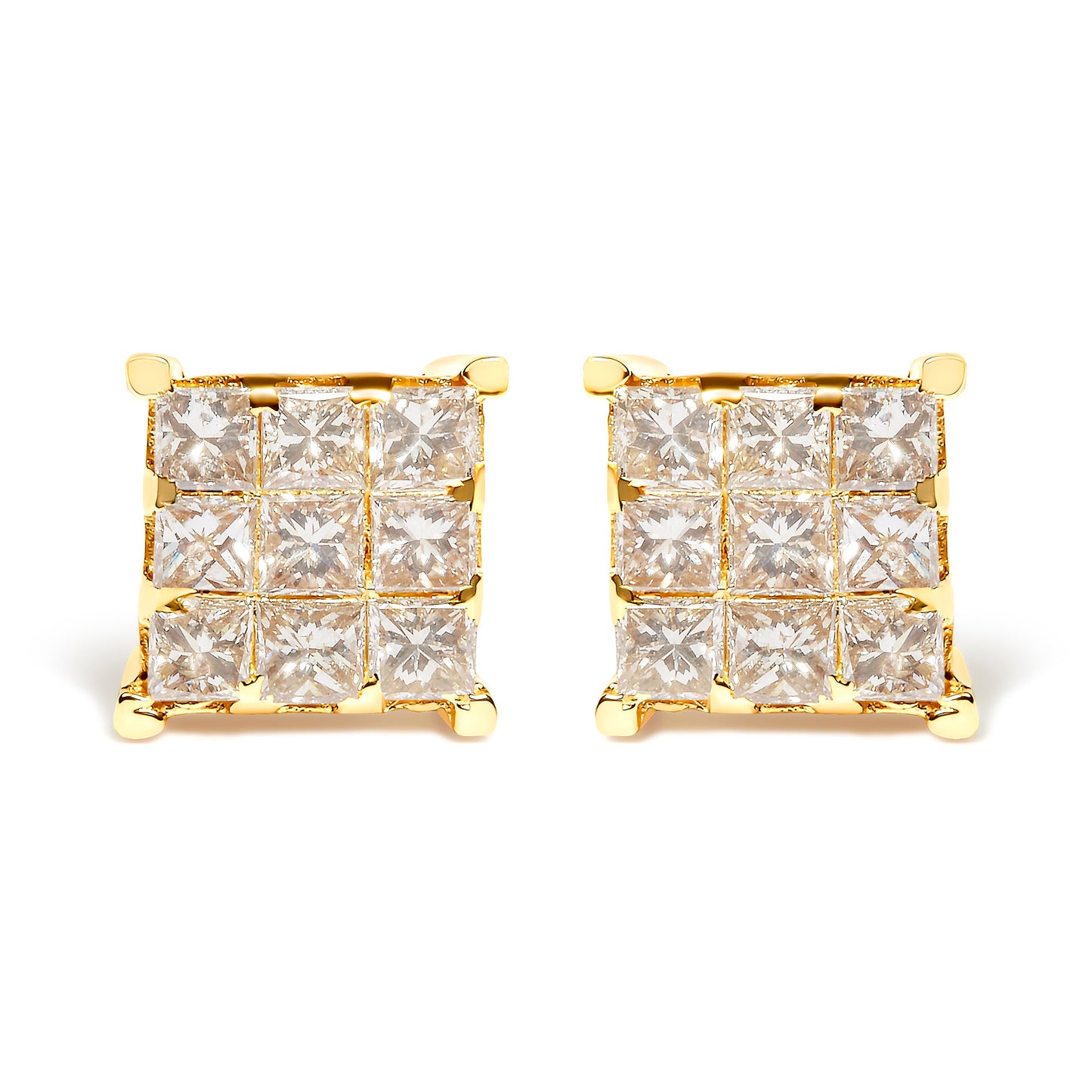 14K Yellow Gold 1 1/2 Cttw Invisible Set Princess-Cut Diamond 9 Stone Square Stud Earrings (J-K Color, SI2-I1 Clarity)