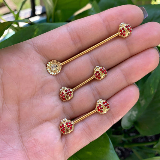 14G Red Gem Gold Tone Ladybug Flower Industrial Barbell 38mm