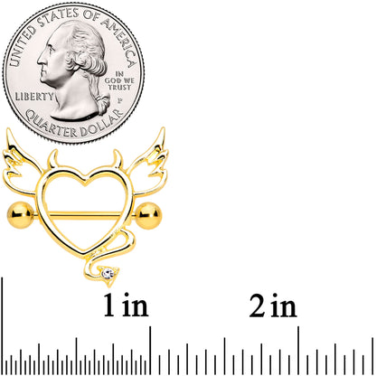 14G 9/16 Clear Gem Gold Tone Devil Heart Nipple Shield Set