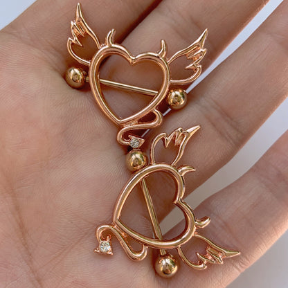 14G 9/16 Clear Gem Gold Tone Devil Heart Nipple Shield Set