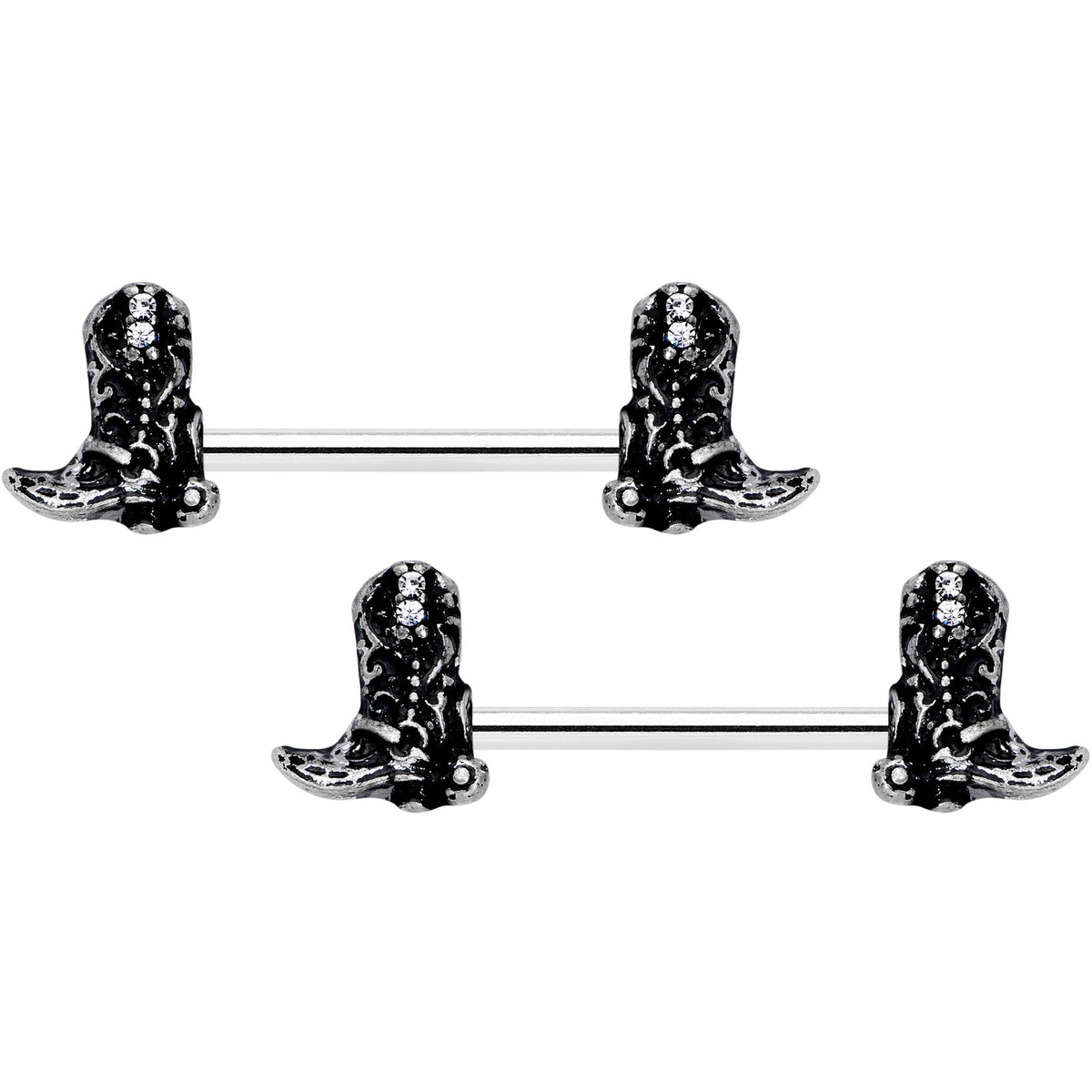 14G 9/16 Clear Gem Cowboy Boot Barbell Nipple Ring Set