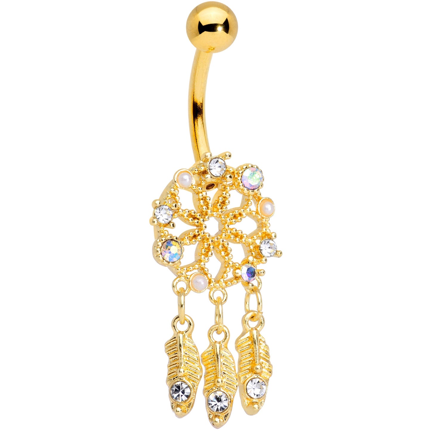 Aurora Gem Gold Tone Dreamcatcher Feather Dangle Belly Ring