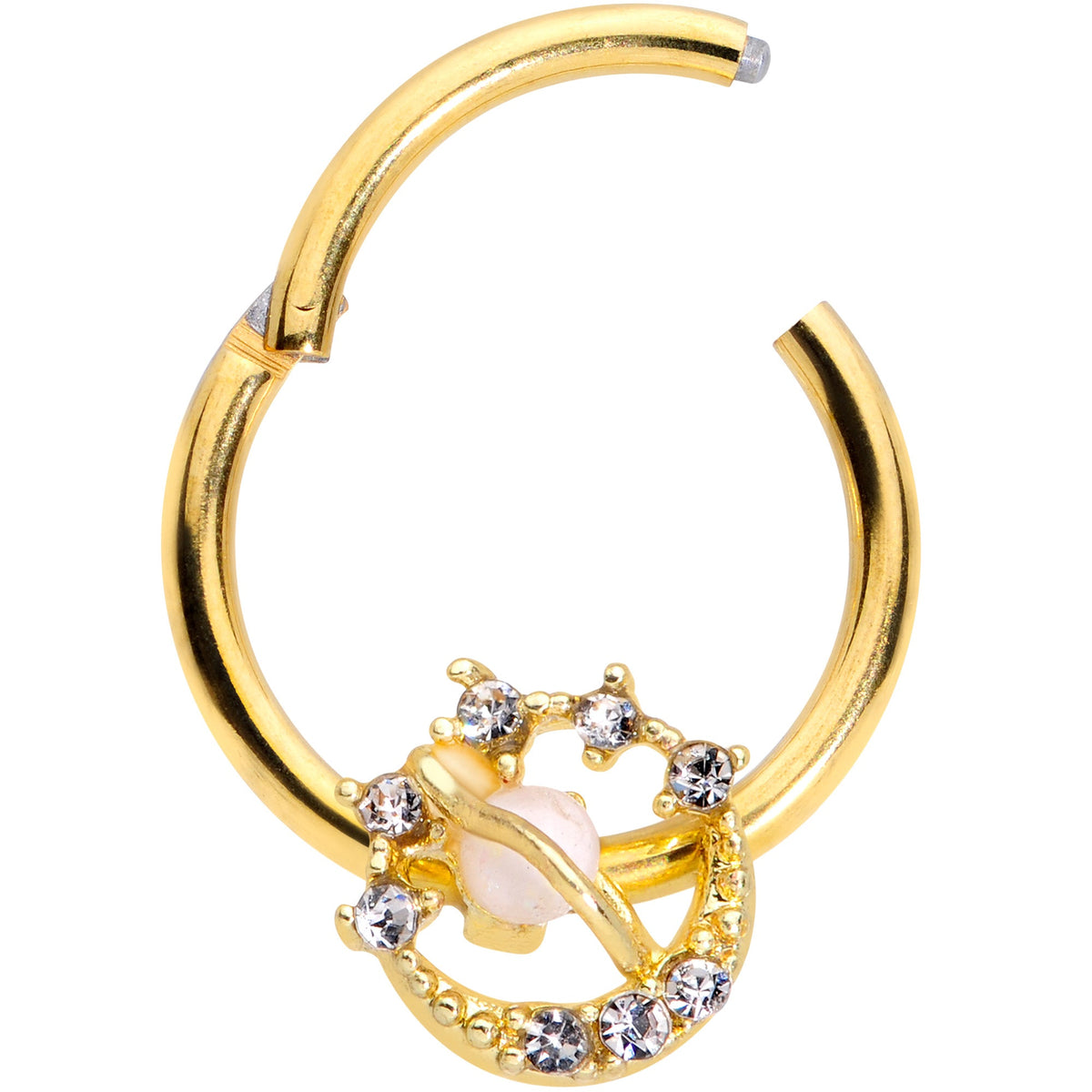 16G 3/8 Clear Gem Gold Tone White Faux Opal Saturn Hinged Segment Ring