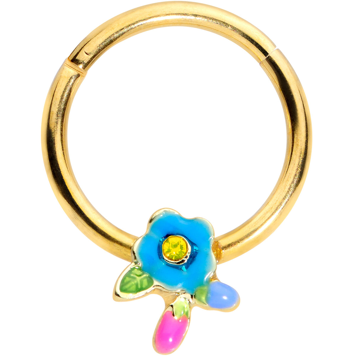 16G 3/8 Yellow Gem Gold Tone Neon Flower Hinged Segment Ring