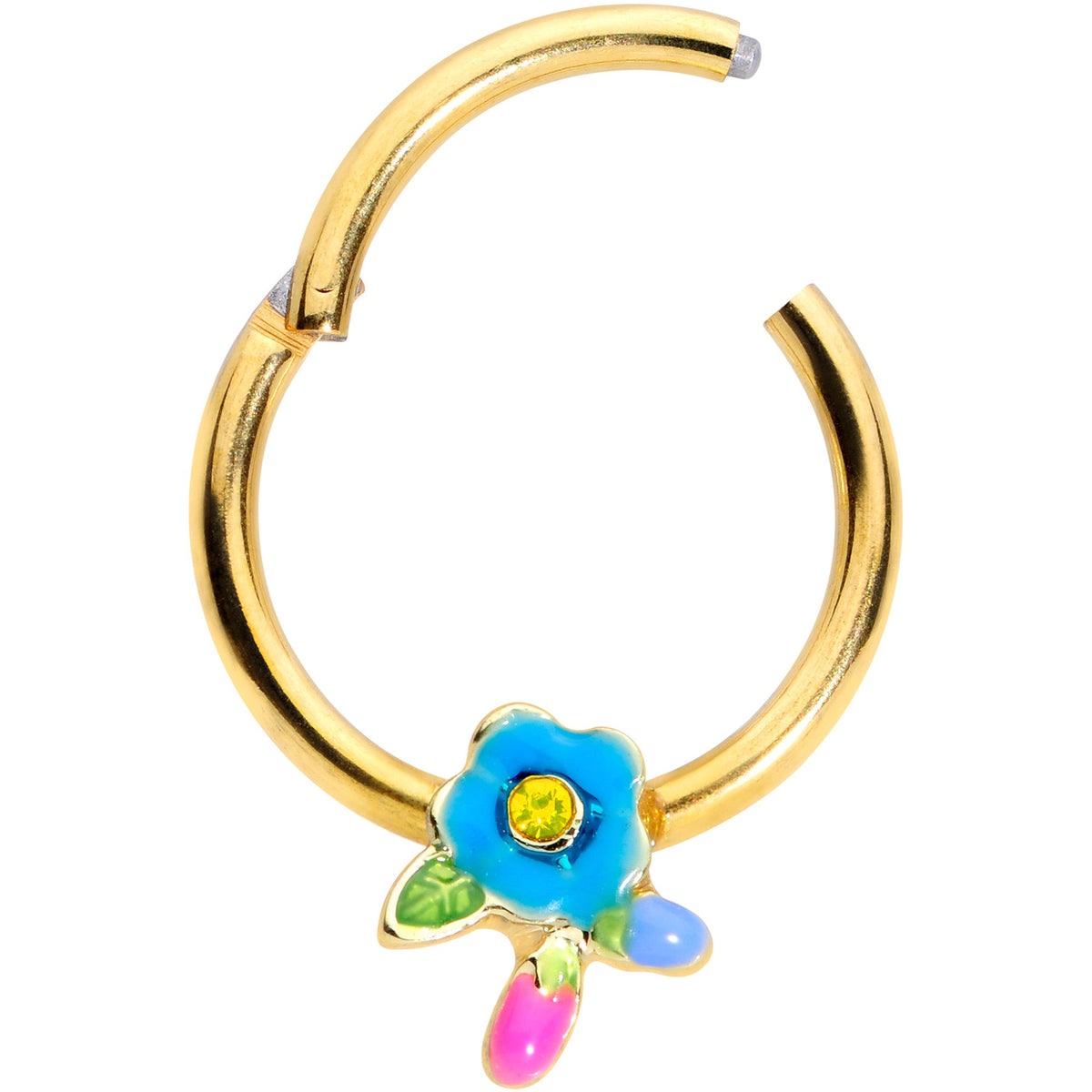 16G 3/8 Yellow Gem Gold Tone Neon Flower Hinged Segment Ring