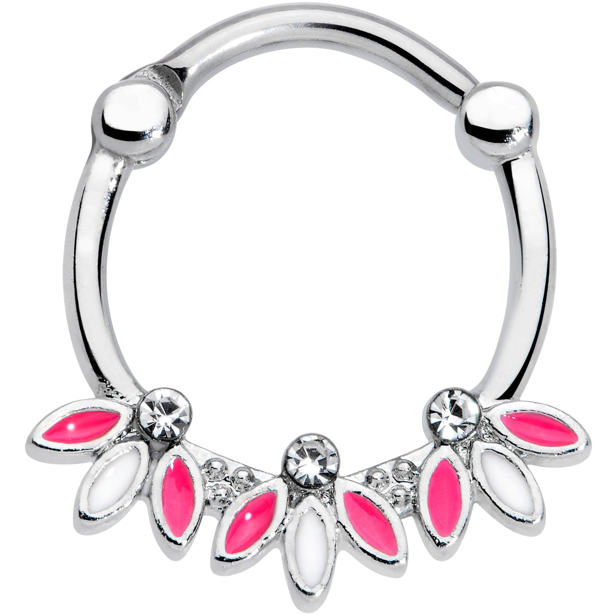16G 3/8 Clear Gem White Pink Leaves Septum Clicker