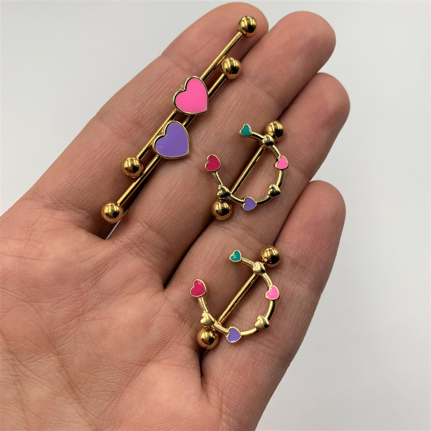 14G Gold Tone Pink Heart Industrial Barbell 38mm
