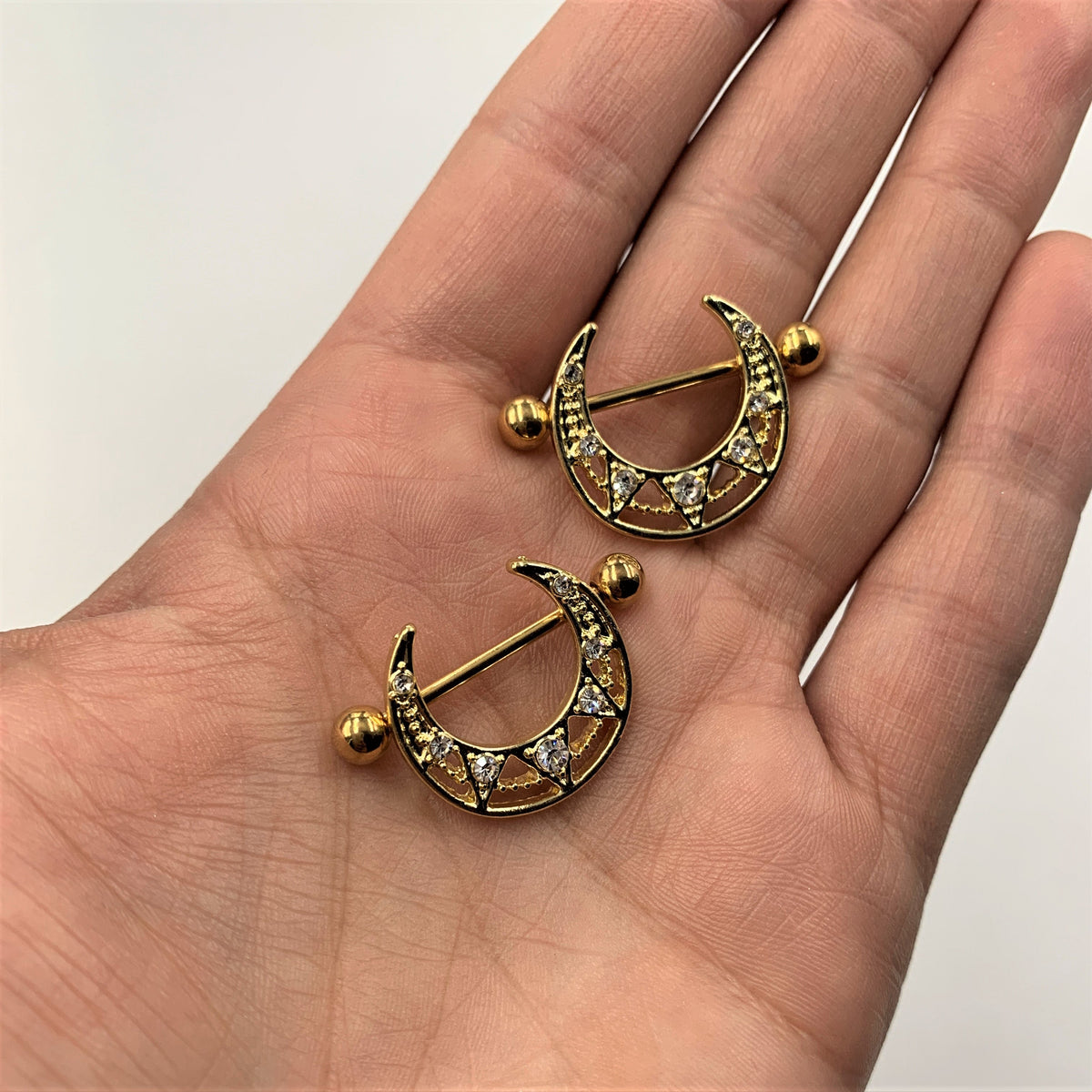 14G 5/8 Clear Gem Gold Tone Open Crescent Nipple Shield Set