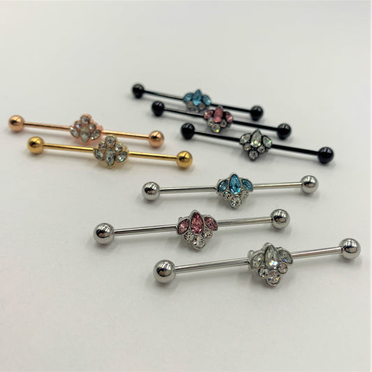 14G Clear Pink Gem Black Anodized Classic Cluster Industrial Barbell 38mm