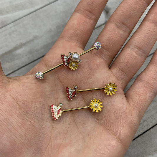 14G Aurora Gem Gold Tone Butterfly Flower Industrial Barbell 38mm