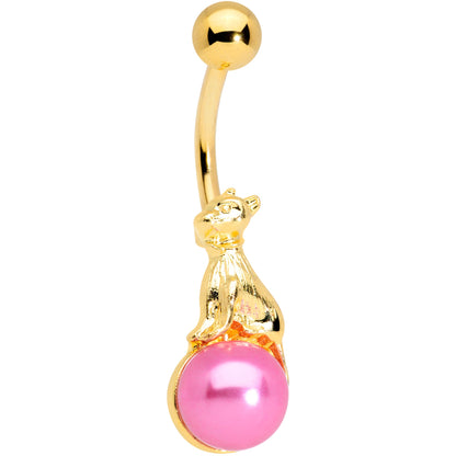 Gold Tone Dog on Pink Orb Belly Ring