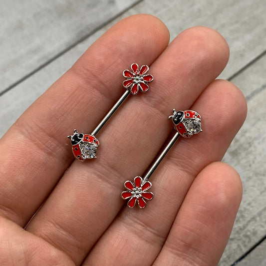 14G 9/16 Clear Gem Red Ladybug Flower Barbell Nipple Ring Set