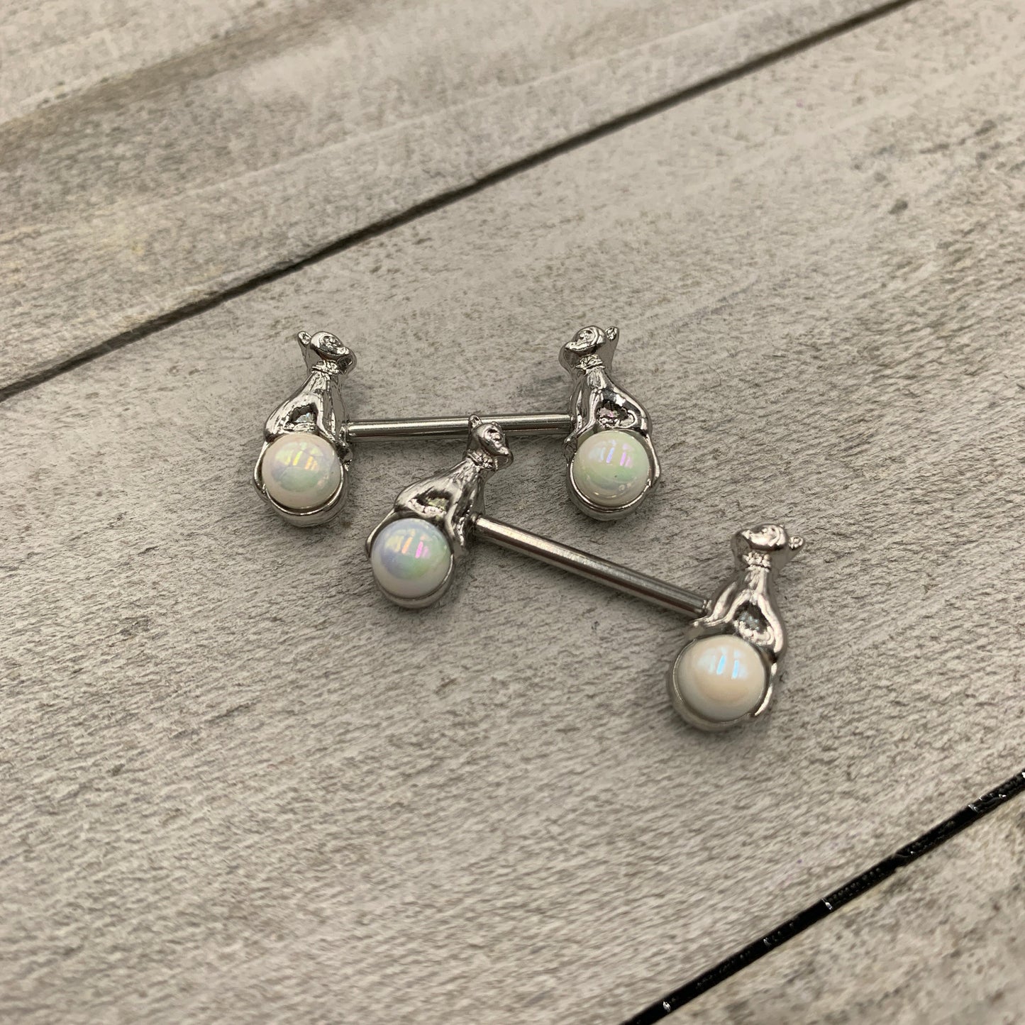 14G 9/16 White Orb Baby Bear Barbell Nipple Ring Set