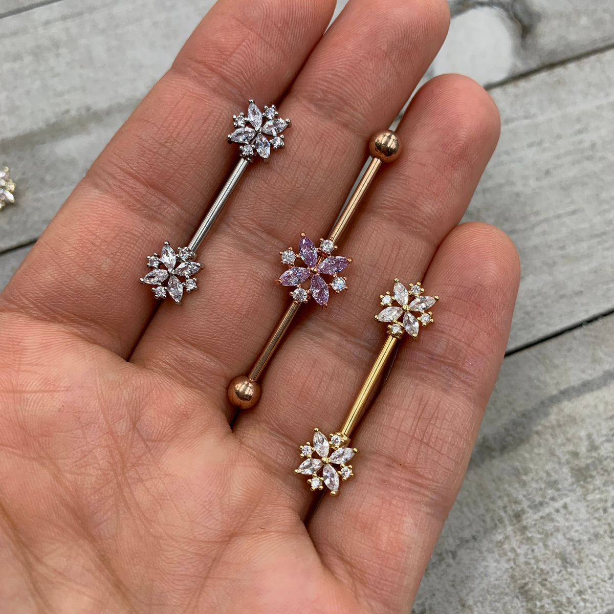 14G 5/8 Purple CZ Gem Gold Tone Star Burst Nipple Ring Set