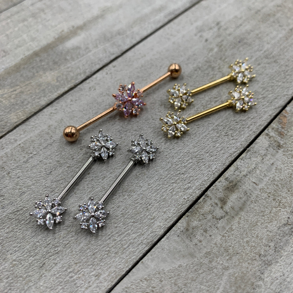 14G 5/8 Clear CZ Gem Star Burst Barbell Nipple Ring Set
