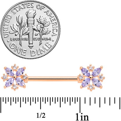 14G 5/8 Purple CZ Gem Rose Gold Tone Star Burst Nipple Ring Set