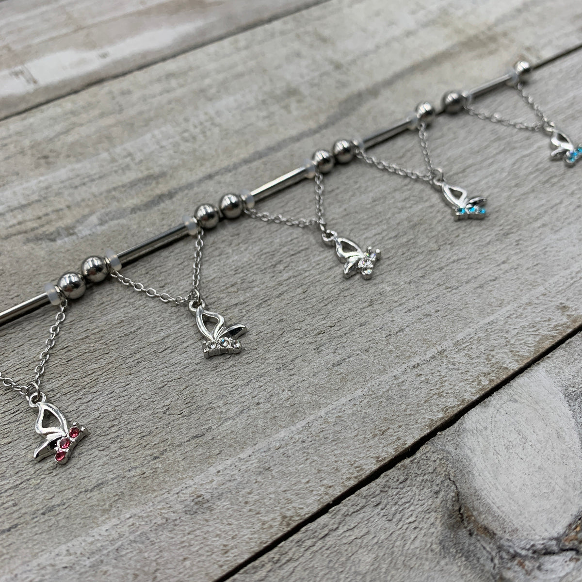 14G 5/8 Pink Gem Butterfly Dangle Nipple Ring Set