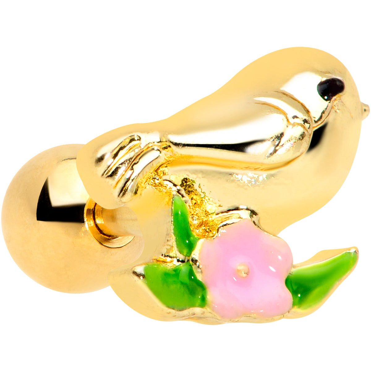 16G 1/4 Gold Tone Bird Pink Flower Cartilage Tragus
