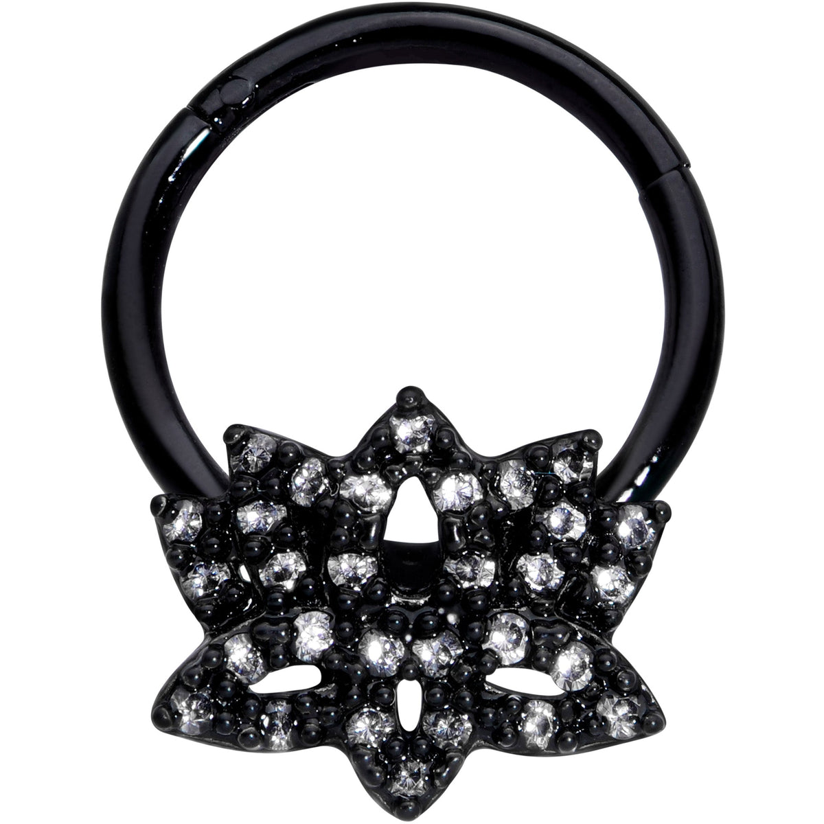 16G 3/8 Clear CZ Gem Black Lotus Flower Hinged Segment Ring