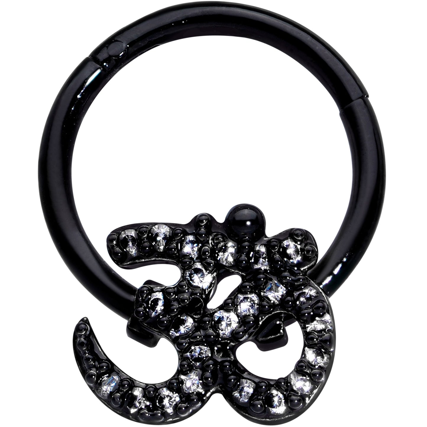16G 3/8 Clear CZ Gem Black Amazing Om Hinged Segment Ring