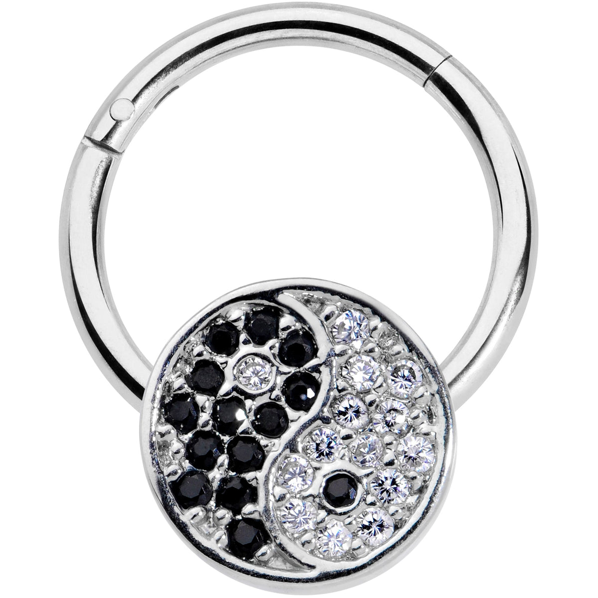 16G 3/8 Clear Black CZ Gem Yin Yang Hinged Segment Ring